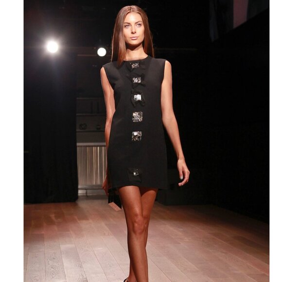 Olivine Gabbro - Sleeveless Wool Sheath Dress with Silk Organza Accents, size 4 - Picture 1 of 15